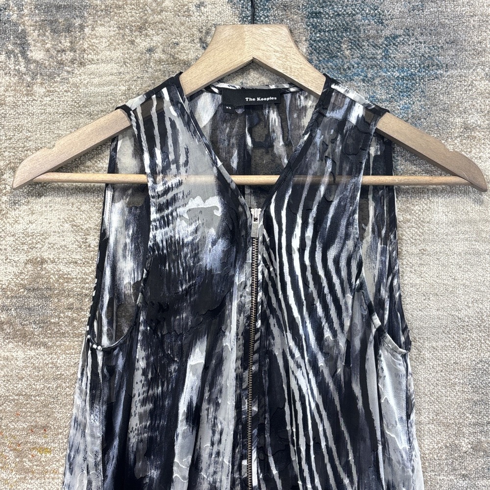 The Kooples Womens S Black White Zebra Burnout Sleeveless Front Zip Top Sheer